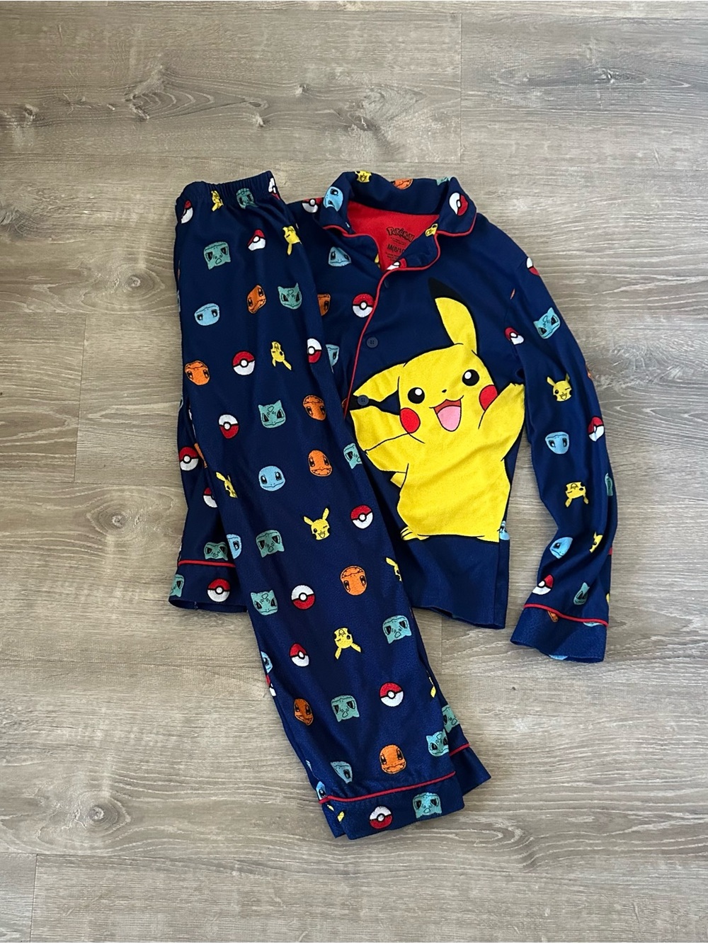 Pokémon Pikachu Fleece Pajama Set Kids Size M 8/10 Blue Button Up Shirt Pants 2p